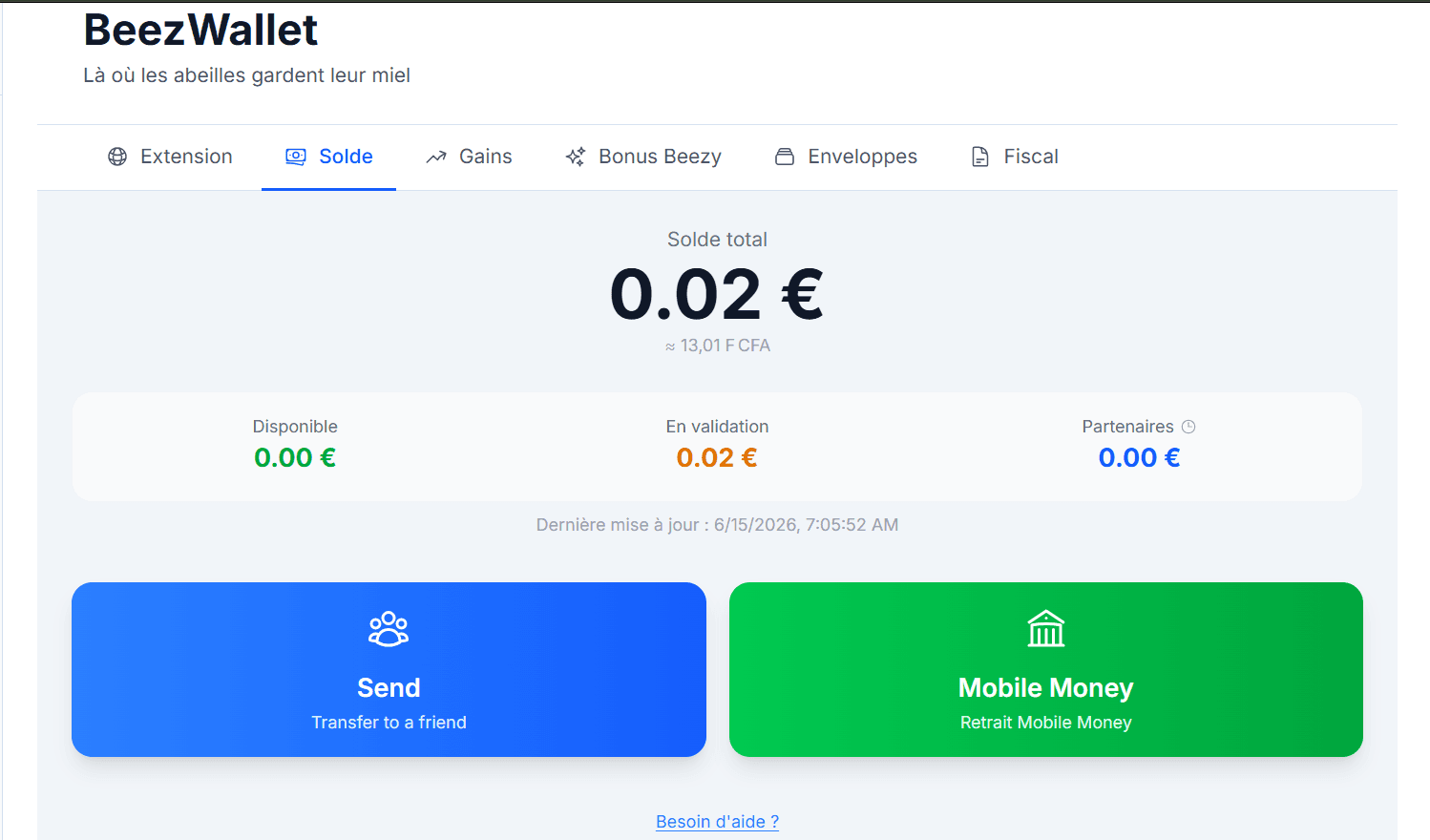 Tableau de bord BeezWallet de I am Beezy affichant le solde et le retrait Mobile Money