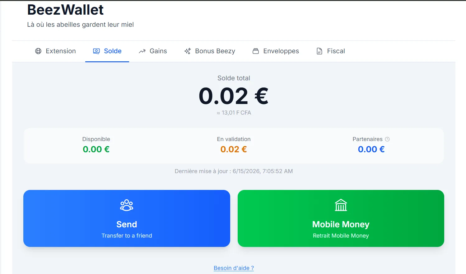 Tableau de bord BeezWallet de I am Beezy affichant le solde et le retrait Mobile Money