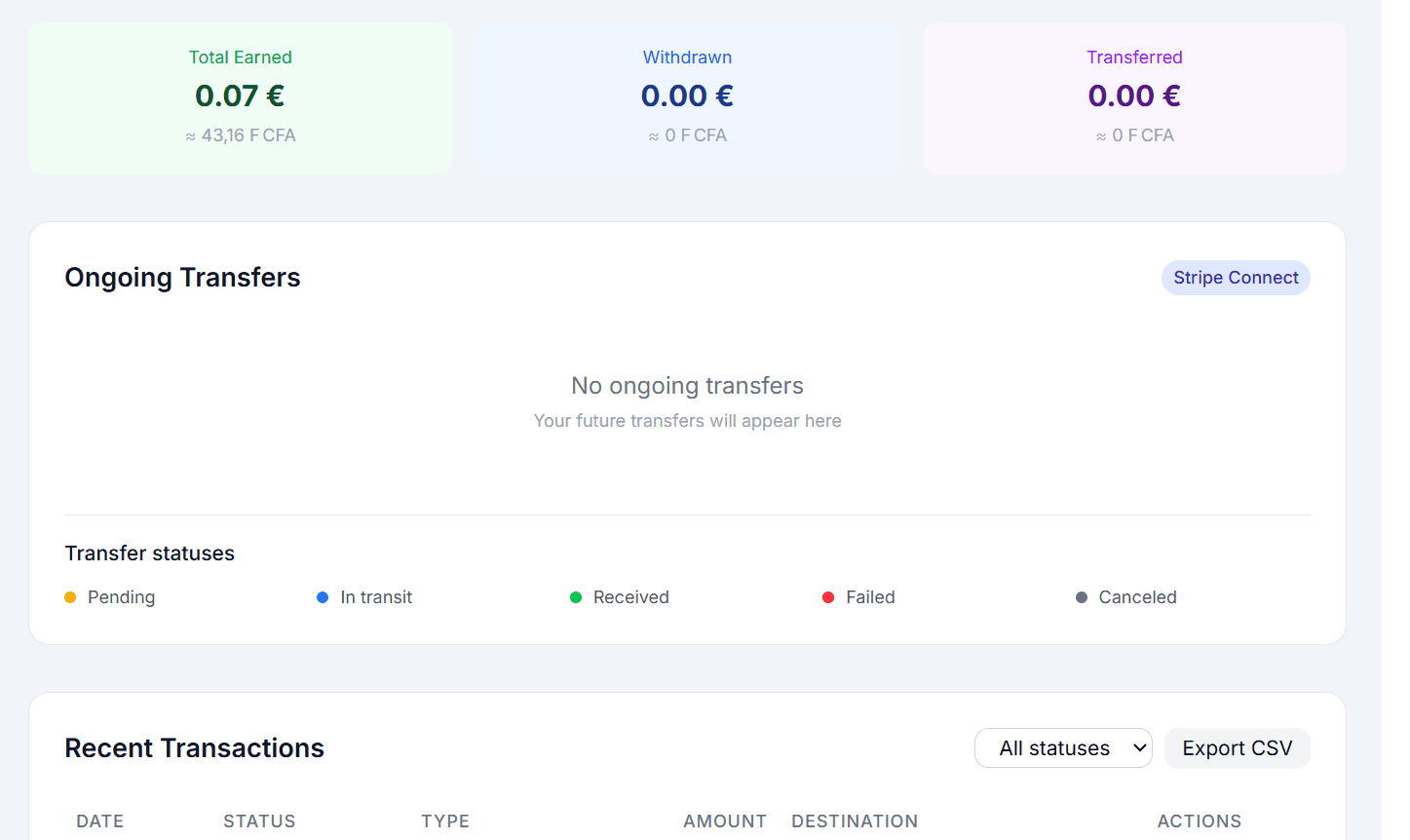 Écran de suivi des gains I am Beezy avec total gagné, retraits et transferts via Stripe Connect