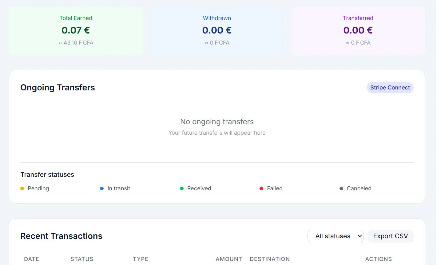 Écran de suivi des gains I am Beezy avec total gagné, retraits et transferts via Stripe Connect