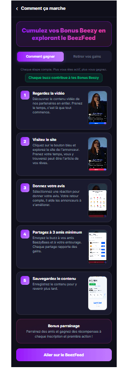 Écran I am Beezy expliquant les 5 étapes pour gagner des bonus en regardant des vidéos