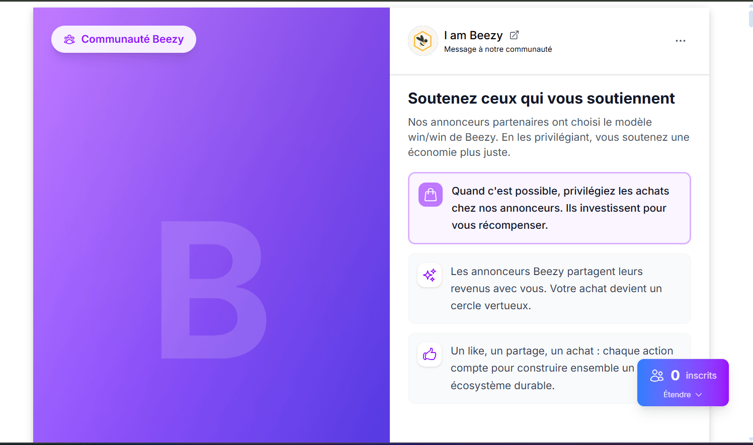 Page Communauté I am Beezy expliquant le partage de revenus entre annonceurs et utilisateurs