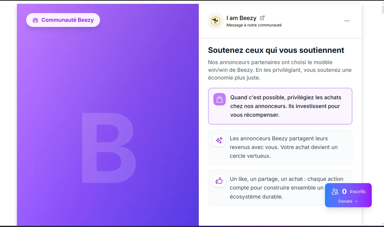 Page Communauté I am Beezy expliquant le partage de revenus entre annonceurs et utilisateurs