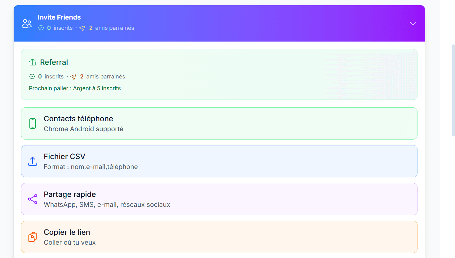 Écran de parrainage I am Beezy avec paliers de récompenses et options de partage