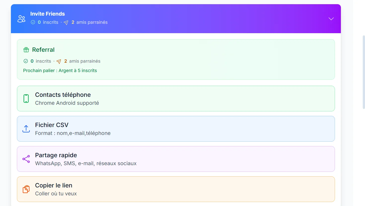 Écran de parrainage I am Beezy avec paliers de récompenses et options de partage